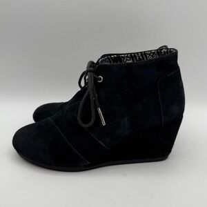 TOMS Suede Wedge Ankle Booties‎ Lace Up Casual Shoes Black Womens Size 6